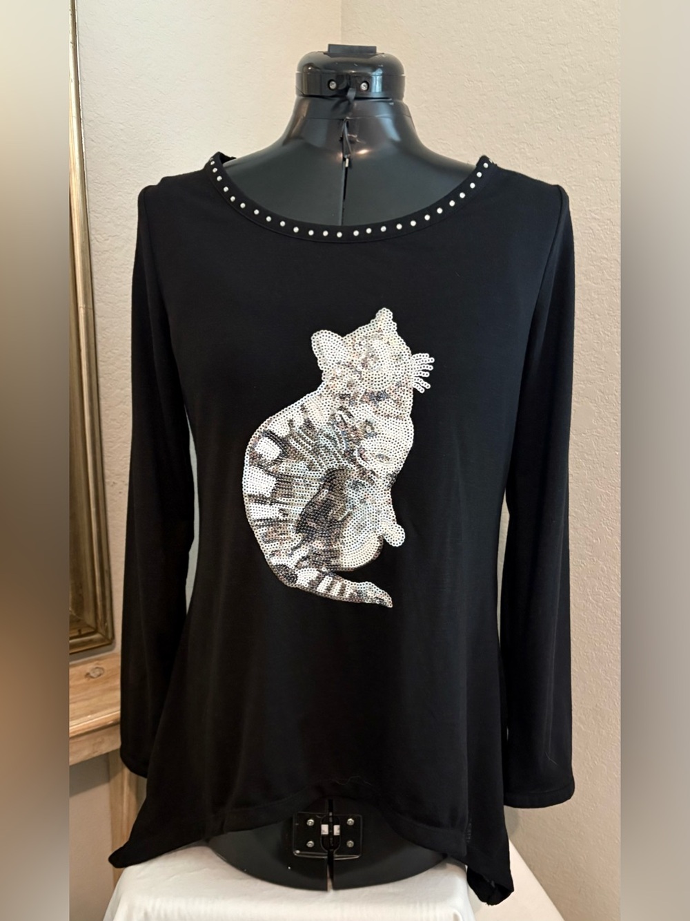 Karen Brooks Shirt Large Black Sequins- Embellished Cat Silver White Medium